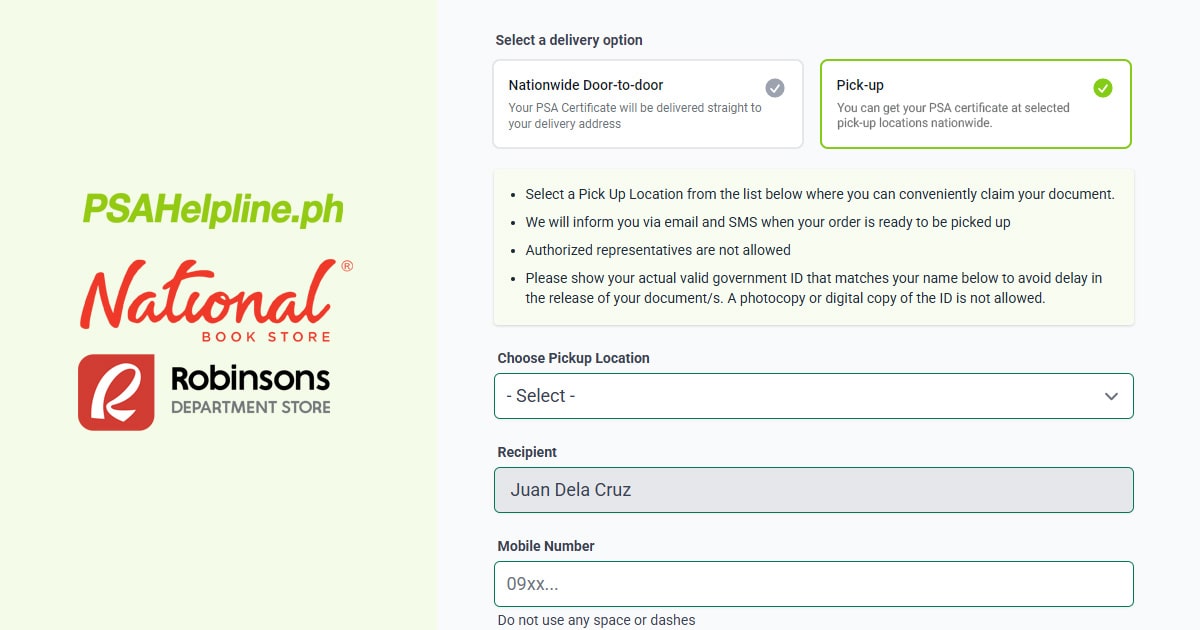 PSA birth certificate pick up at National Book Store and Robinsons Departmet Store branches.